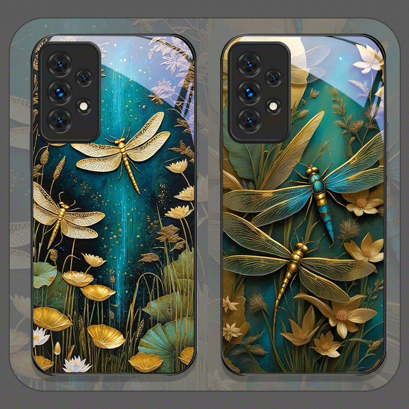 Phone Cases Samsung A14 - เคสโทรศัพท์มือถือลายดอกไม้และแมลงปอสีทอง สำหรับ Samsung Galaxy A06 A17