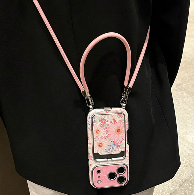 Phone Cases With Card Holder - เคสโทรศัพท์ลายดอกไม้สีชมพู หนังเทียม พร้อมสายคล้องคอแบบไขว้ สำหรับ iPhone 16,