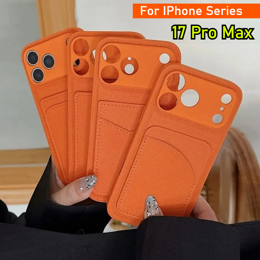 Phone Cases With Card Holder - เคสใส่บัตรหนังสีส้มสำหรับ iPhone 17 Air 16 E