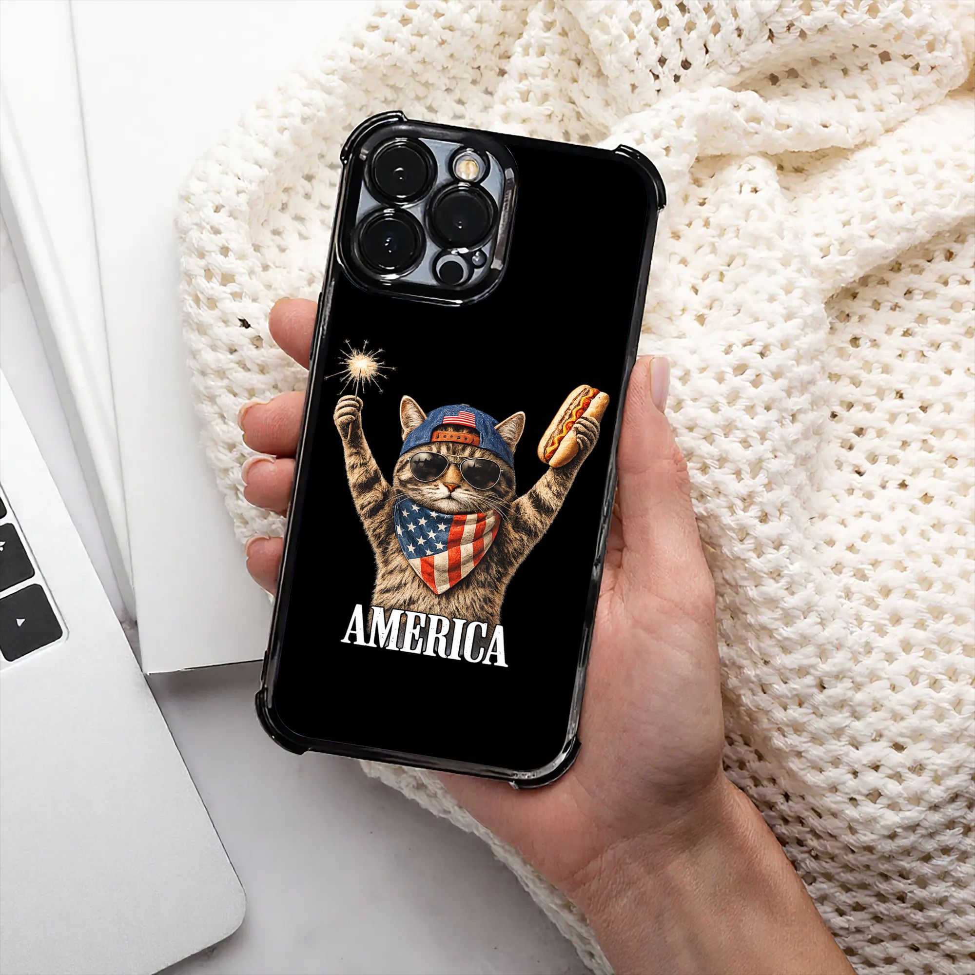 Phone Cases Usa - เคสโทรศัพท์ลายธงชาติอเมริกา ลายแมวน่ารัก ดอกไม้ไฟ 4 กรกฎาคม ผลิตด้วยกระบวนการชุบไฟฟ้า