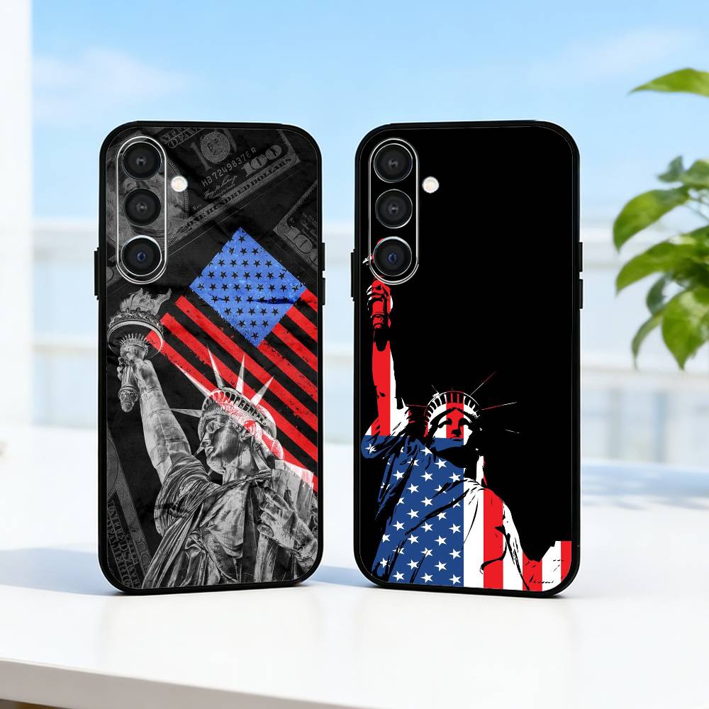Phone Cases Usa - เคสโทรศัพท์รูปปั้นเทพีเสรีภาพอเมริกา ธงชาติสหรัฐอเมริกา สำหรับ Samsung A73,72,71,A52,51,40,41,A22,A32,31,A13, เคสสีดำนุ่ม